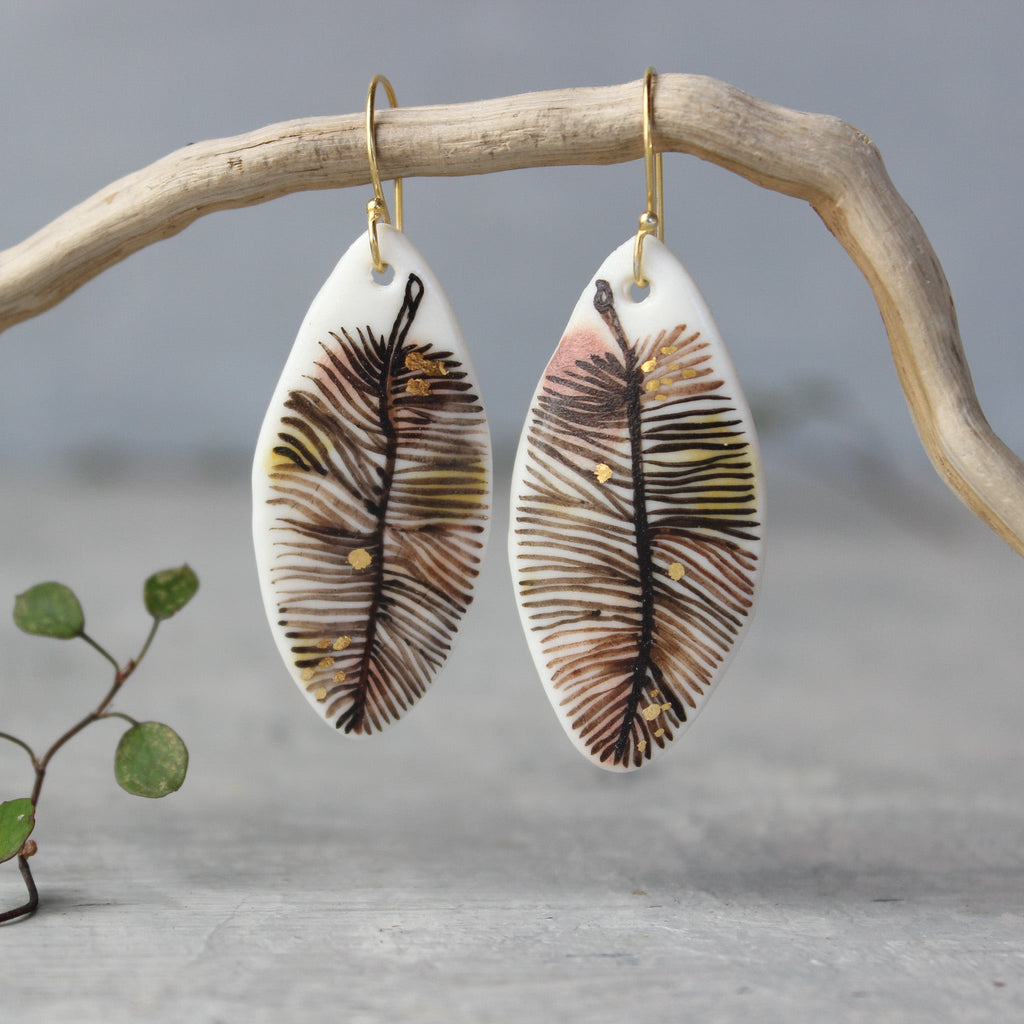 Ceramic Earrings Sepia Feather Detail - Tribe Castlemaine