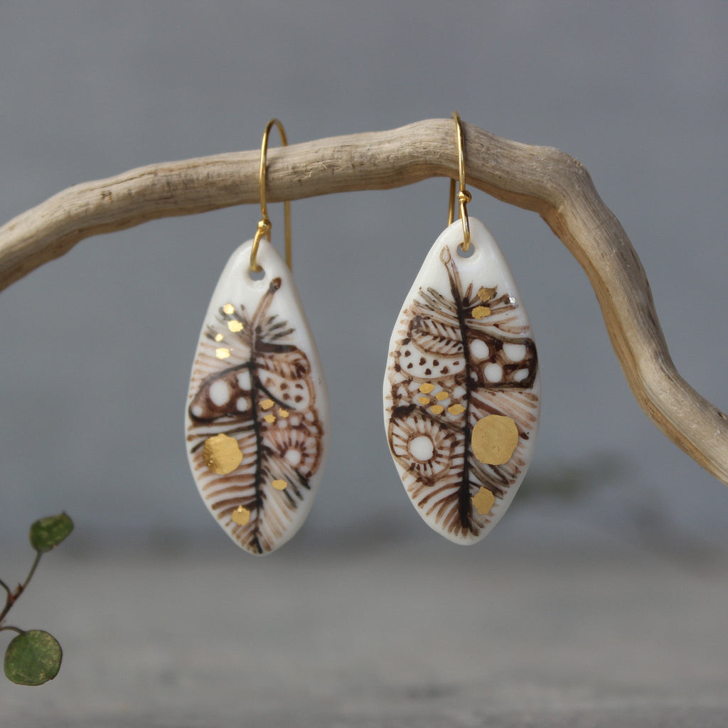 Ceramic Earrings Sepia Feather Detail - Tribe Castlemaine