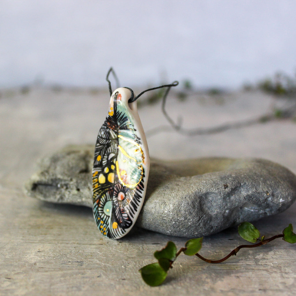 Hand Painted Ceramic Necklace Feather #3 - Tribe Castlemaine