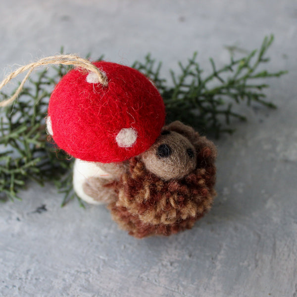 Handmade Felt Toadstool Hedgehog Hanging Woodland Decoration main image 1