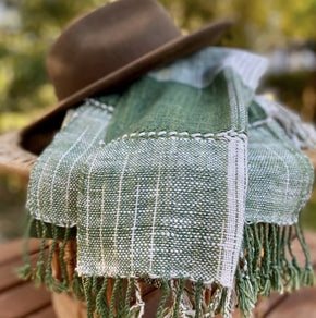 Handwoven Cotton Scarf : Green & Natural Ikat