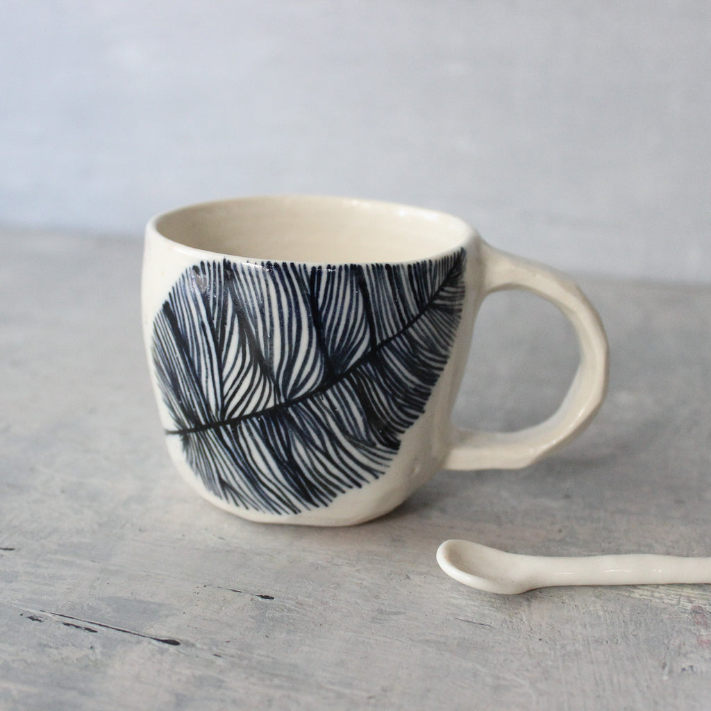 Ceramic Handled Cups Indigo Feather