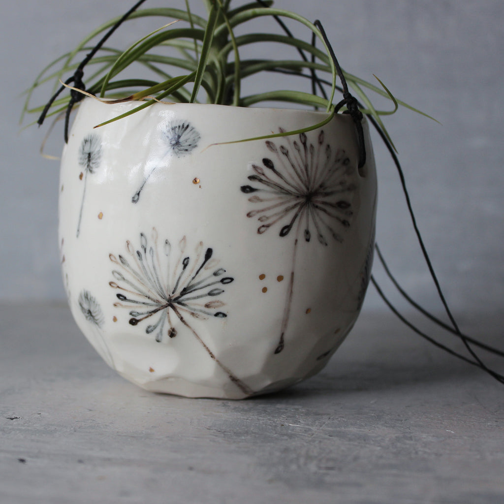Hanging Ceramic Planter Feather Dandelion Twig