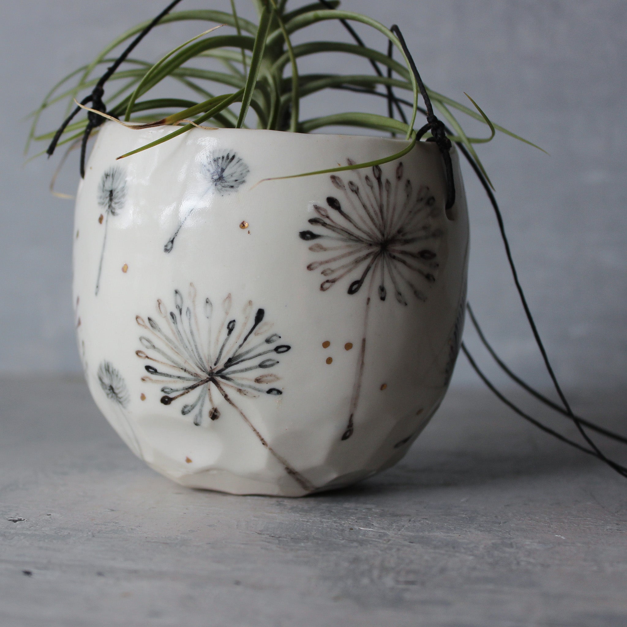 Hanging Ceramic Planter Feather Dandelion Twig