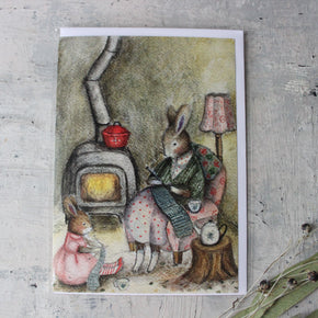 Formidable Forest Card 'Bunnies Knitting by the Fire'