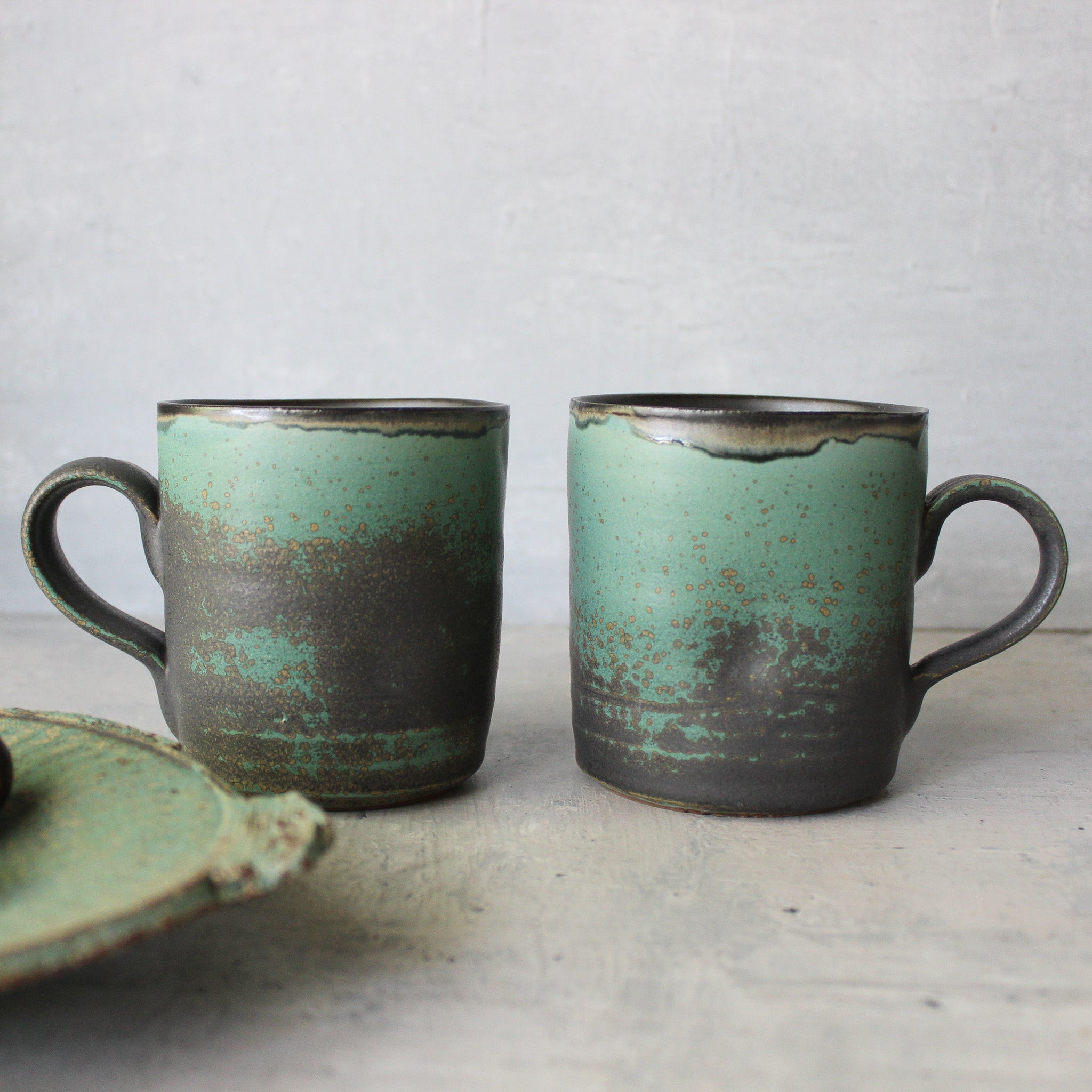 Large Black & Green Handled Mugs