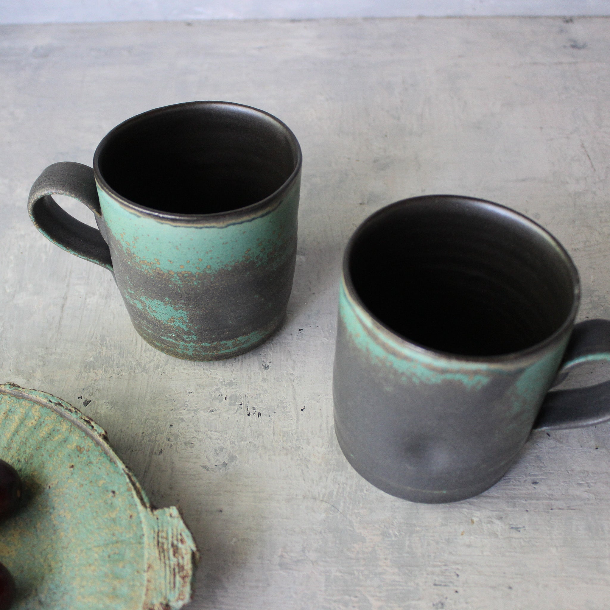 Large Black & Green Handled Mugs