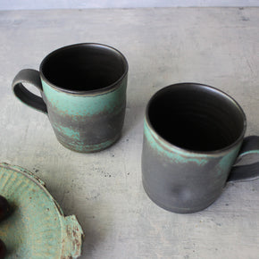 Large Black & Green Handled Mugs
