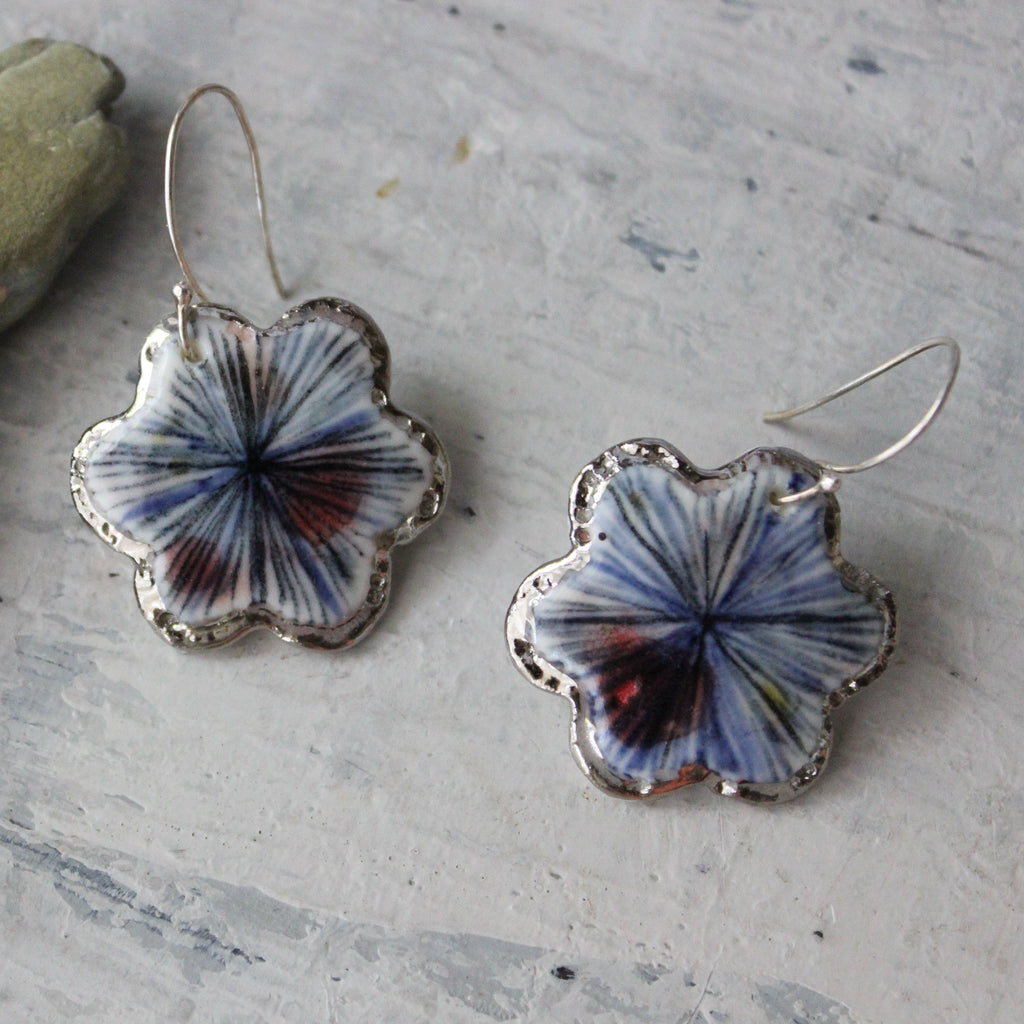 Ceramic Earrings Flower Indigo Star
