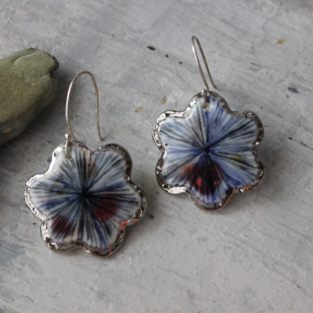 Ceramic Earrings Flower Indigo Star