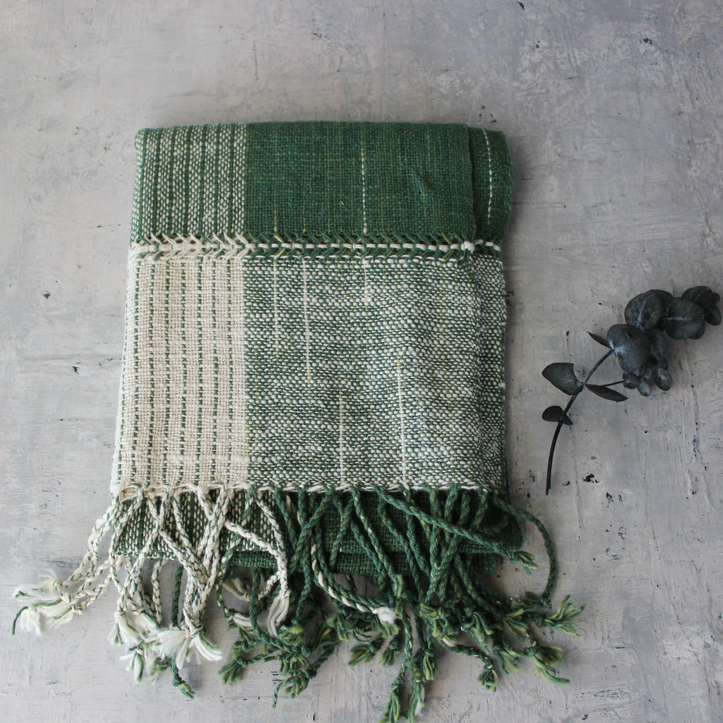 Handwoven Cotton Scarf : Green & Natural Ikat