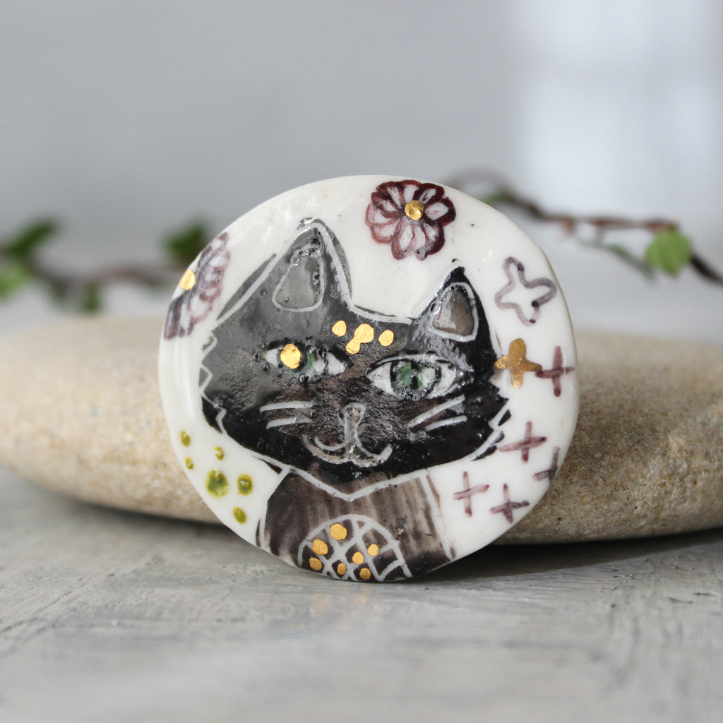 Porcelain Brooch Black Cat