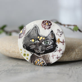Porcelain Brooch Black Cat
