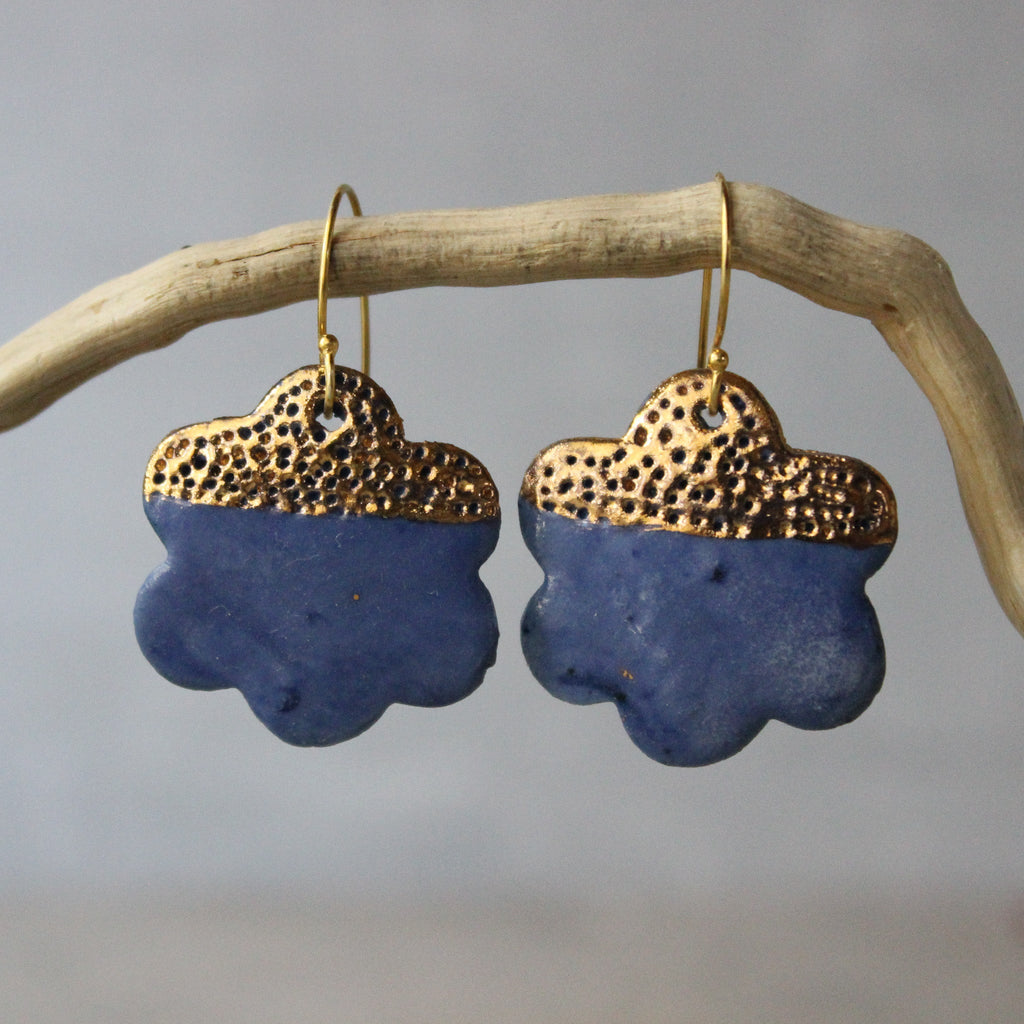 Ceramic Earrings Blue Flower Gold - Tribe Castlemaine