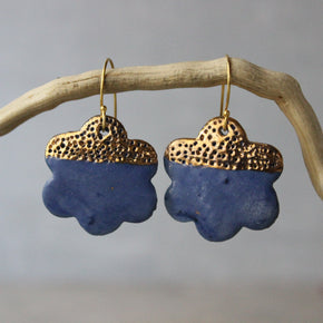 Ceramic Earrings Blue Flower Gold - Tribe Castlemaine