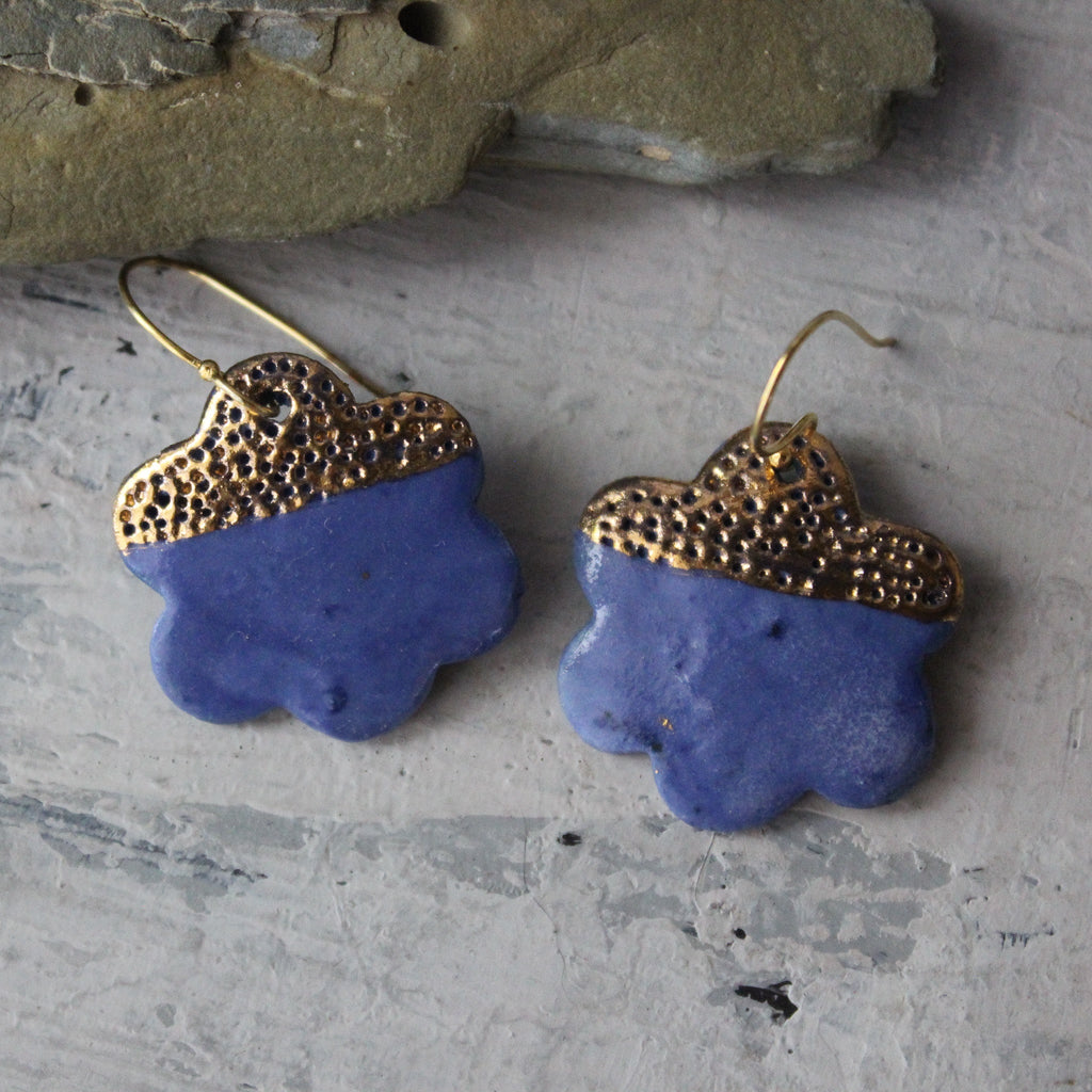 Ceramic Earrings Blue Flower Gold - Tribe Castlemaine