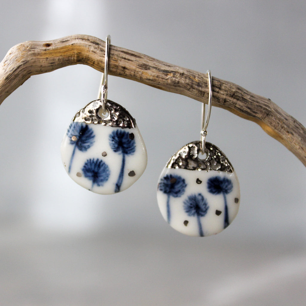 Ceramic Earrings Dandelion Teardrop Silver - Tribe Castlemaine