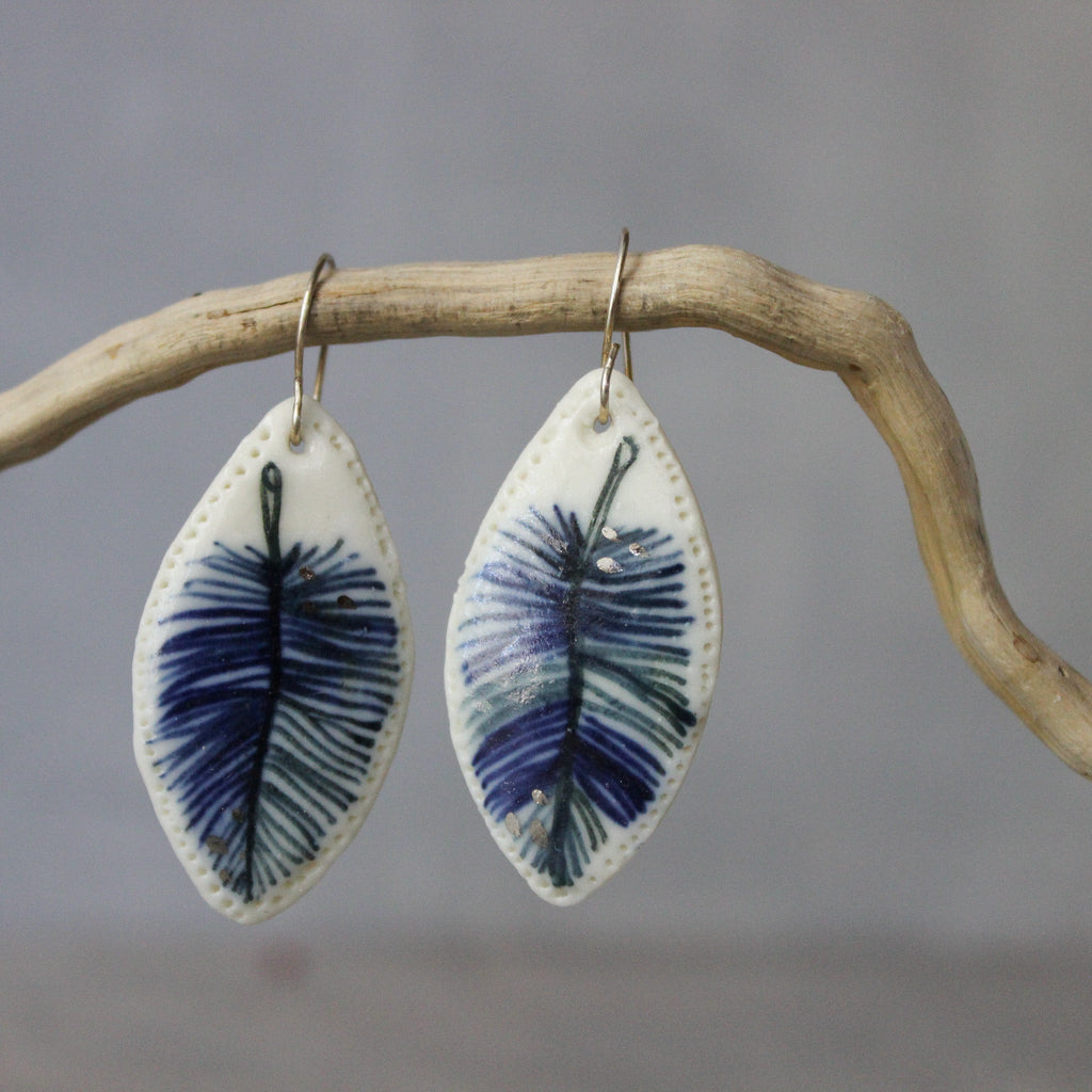 Ceramic Earrings Indigo Feather 2 - Tribe Castlemaine