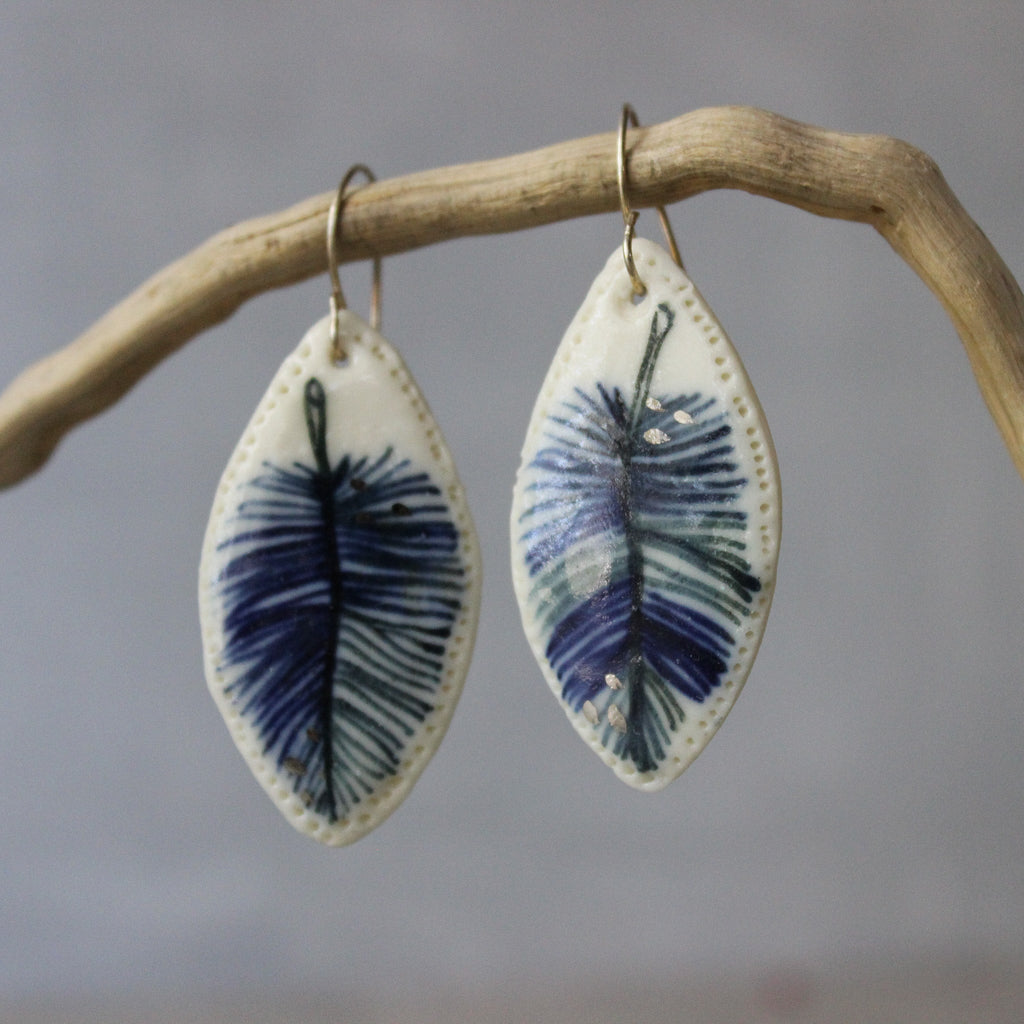 Ceramic Earrings Indigo Feather 2 - Tribe Castlemaine