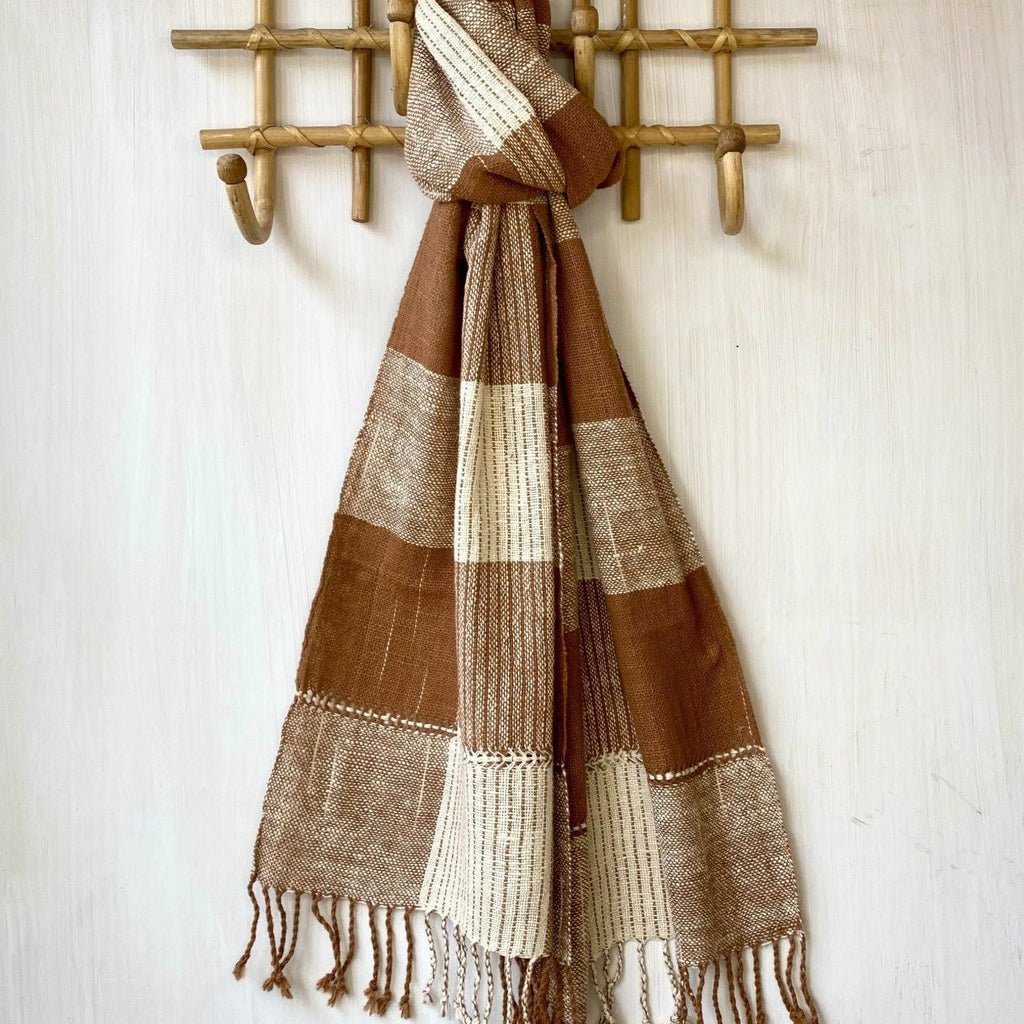 Handwoven Cotton Scarf : Cinnamon & Natural Ikat - Tribe Castlemaine