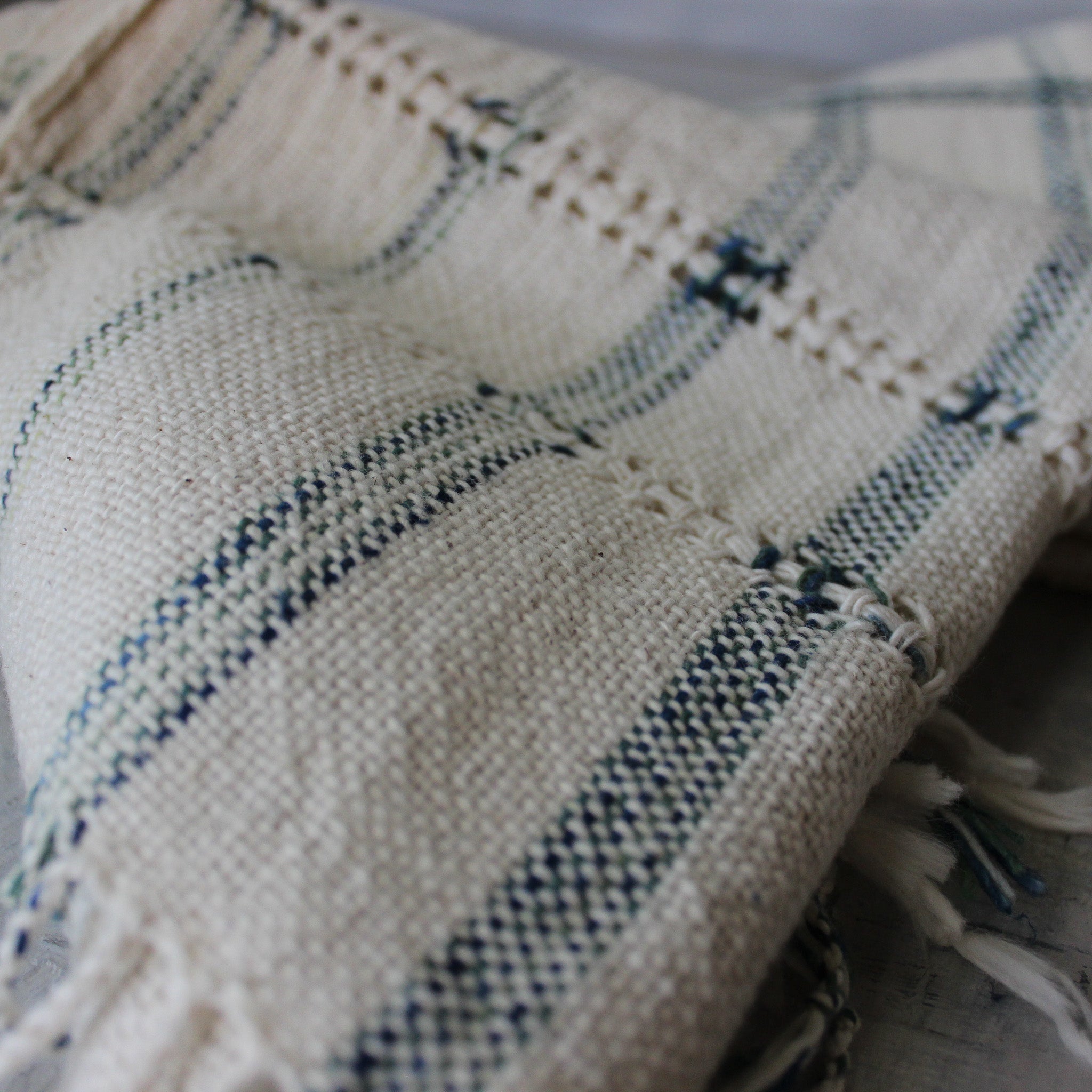 Lao Handwoven Cotton Scarf : Natural with Indigo Stripe - Tribe Castlemaine