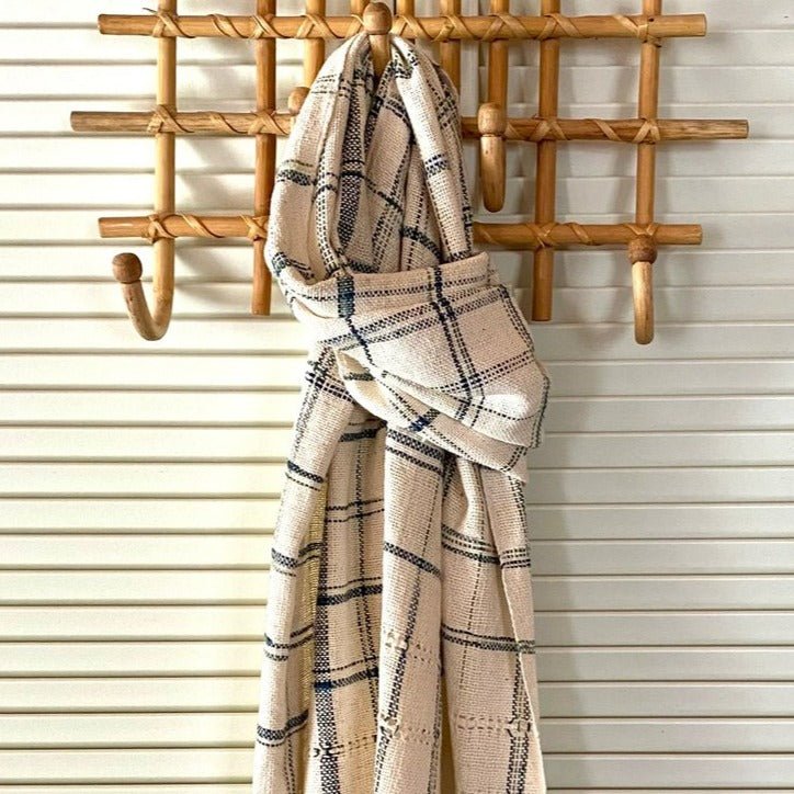 Lao Handwoven Cotton Scarf : Natural with IndigoStripe - Tribe Castlemaine