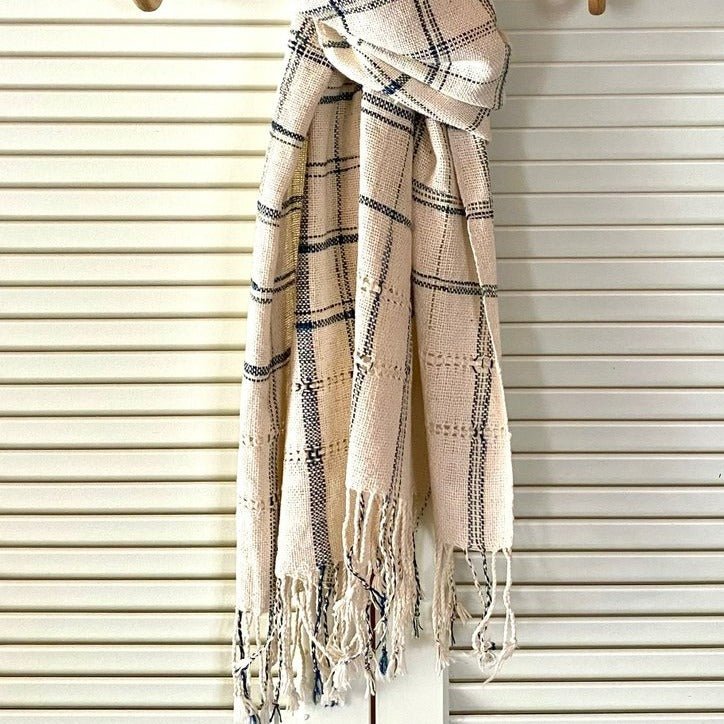 Lao Handwoven Cotton Scarf : Natural with IndigoStripe - Tribe Castlemaine