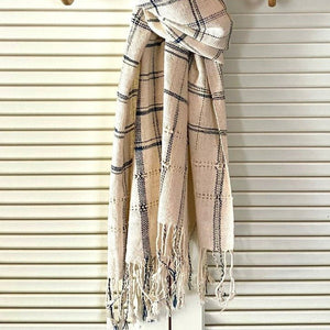 Lao Handwoven Cotton Scarf : Natural with IndigoStripe - Tribe Castlemaine