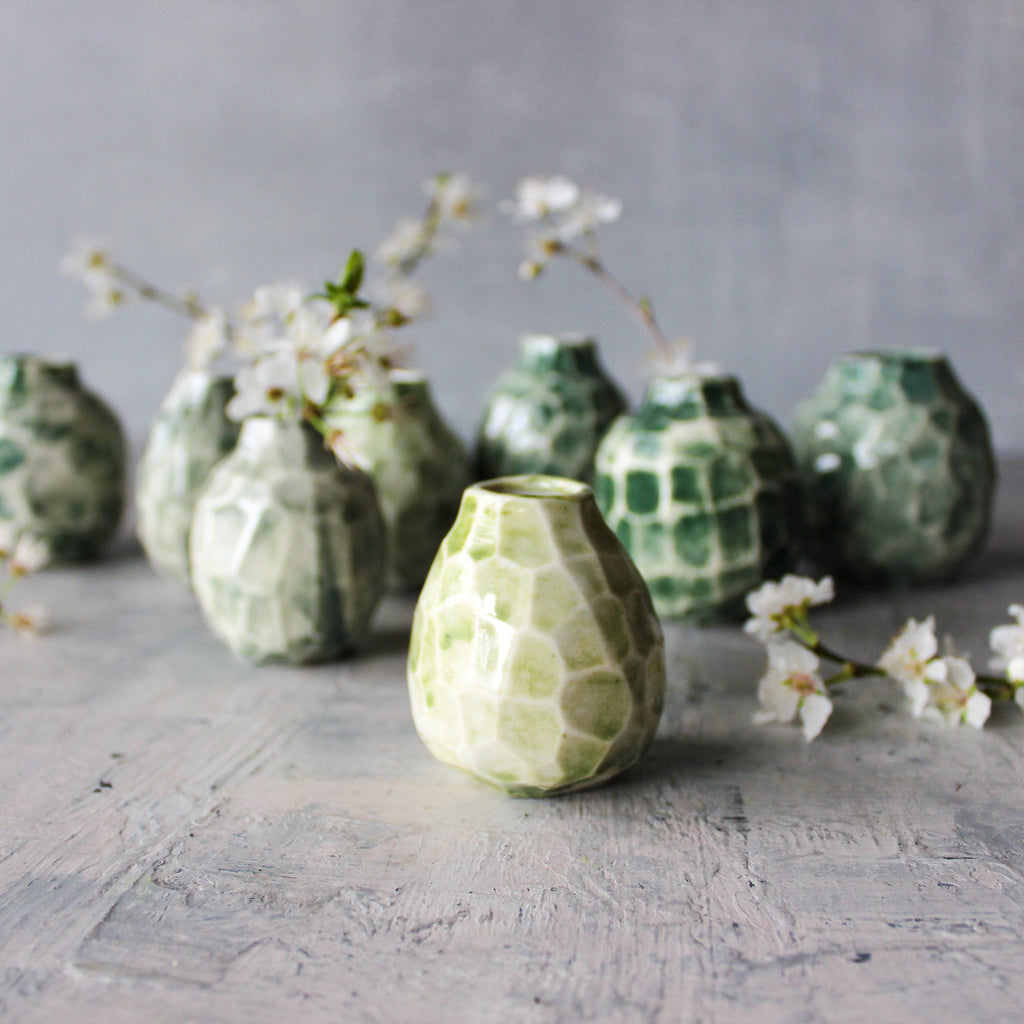 Little Faceted Green Vases - Tribe Castlemaine