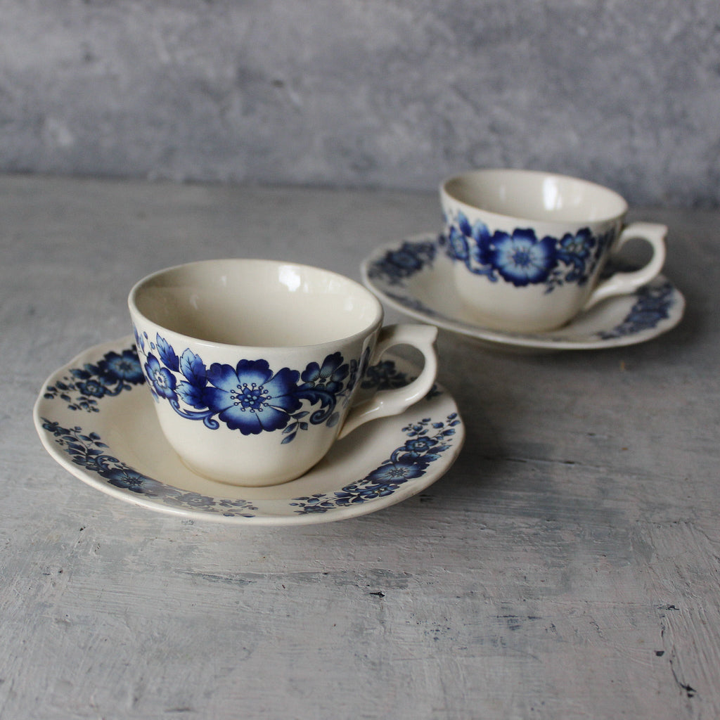 Pair of Vintage Blue Floral Tea Cups & Saucers - Tribe Castlemaine