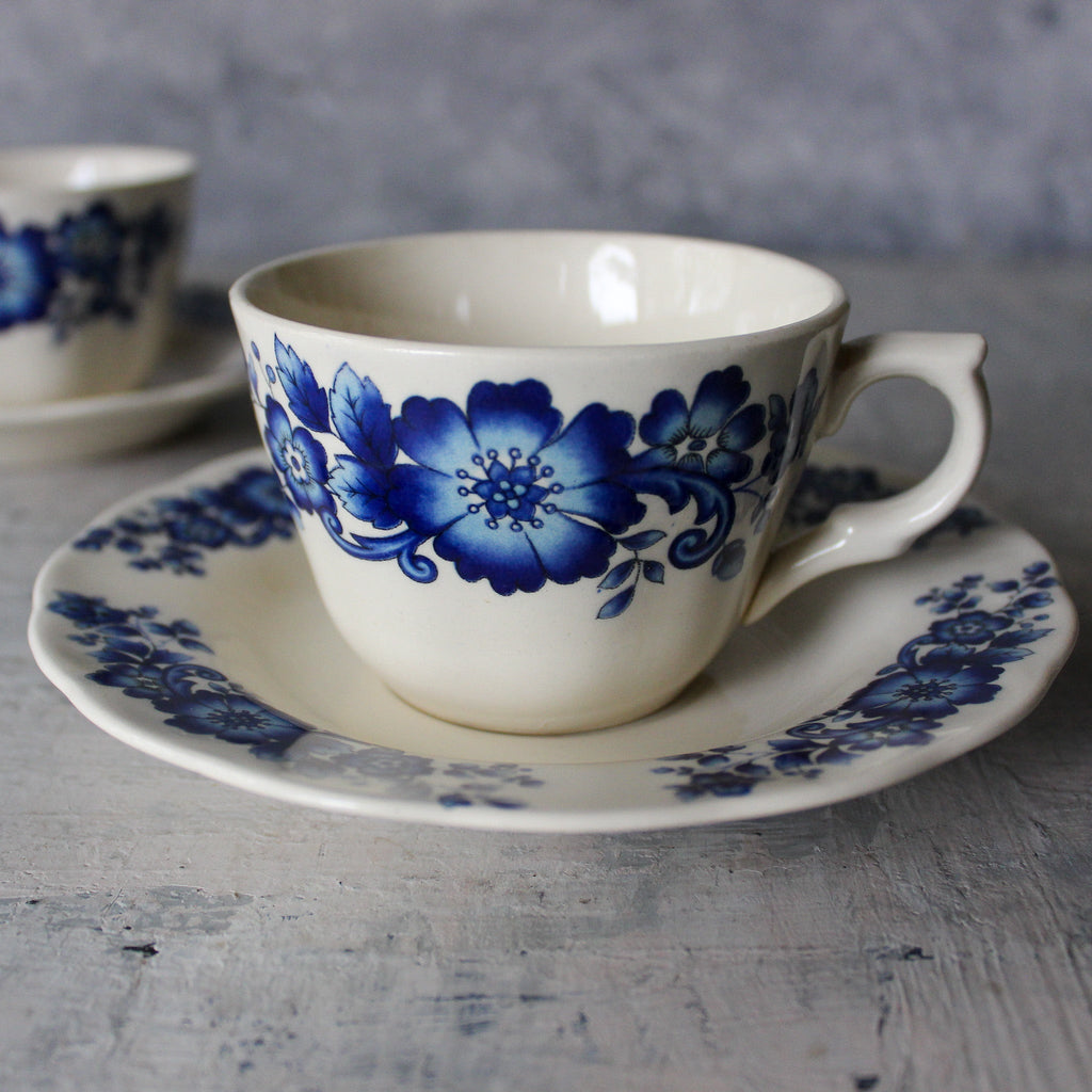 Pair of Vintage Blue Floral Tea Cups & Saucers - Tribe Castlemaine