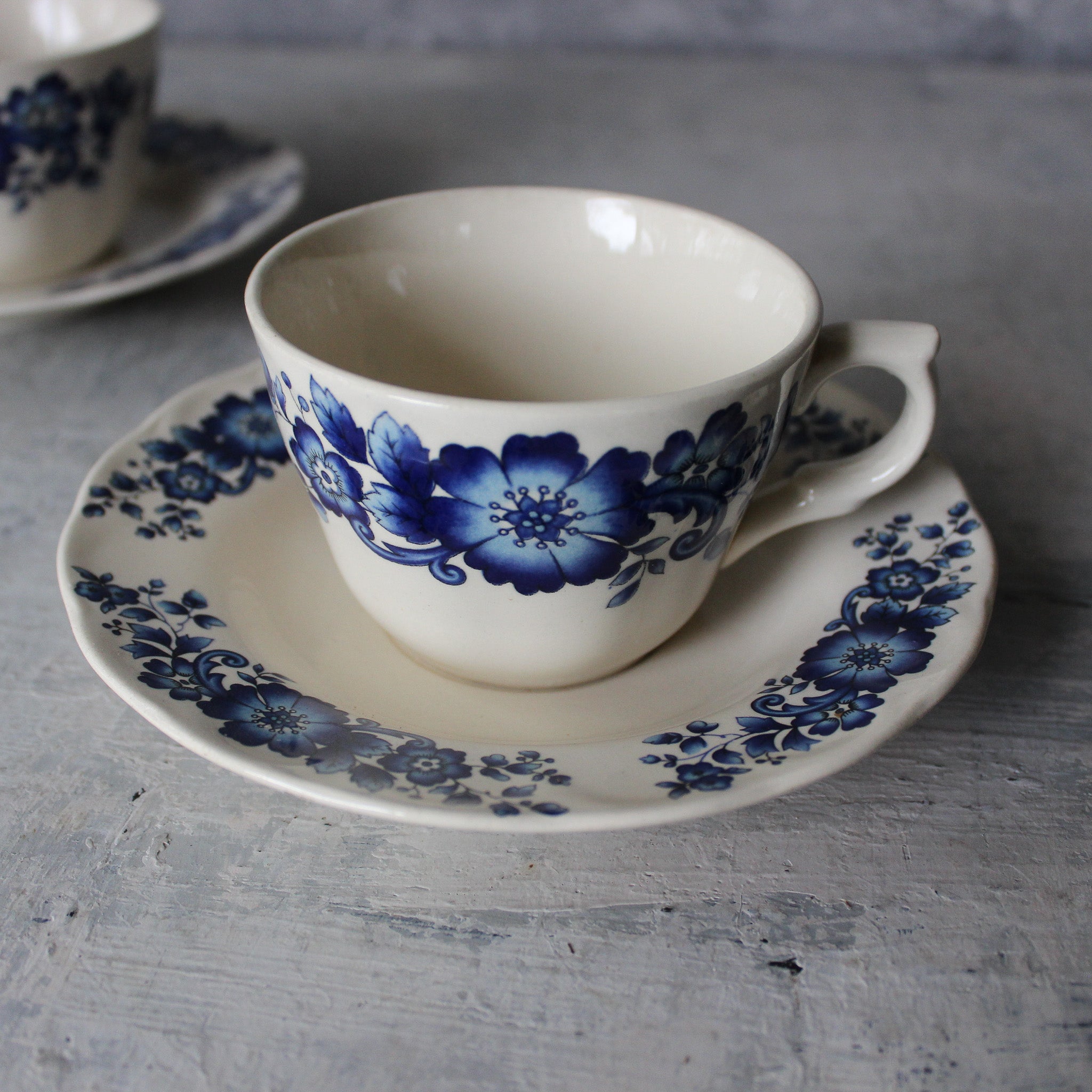 Pair of Vintage Blue Floral Tea Cups & Saucers - Tribe Castlemaine