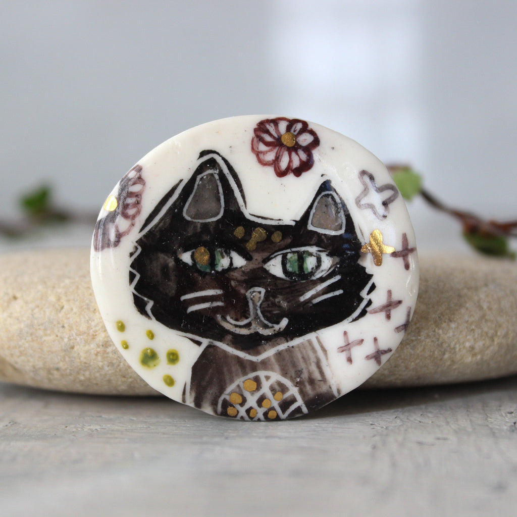 Porcelain Brooch Black Cat - Tribe Castlemaine