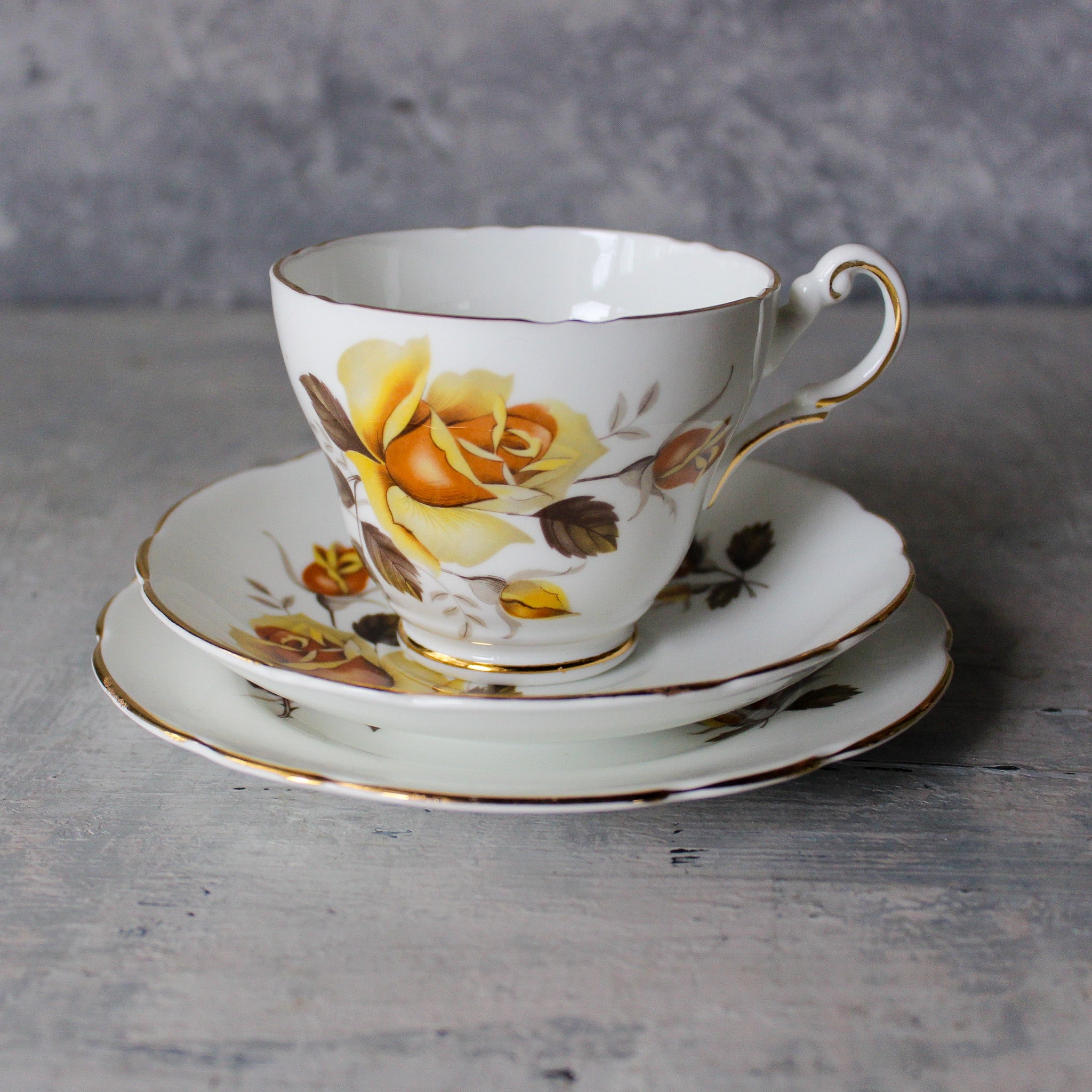 Vintage Regency Yellow Roses Tea Cup Trio