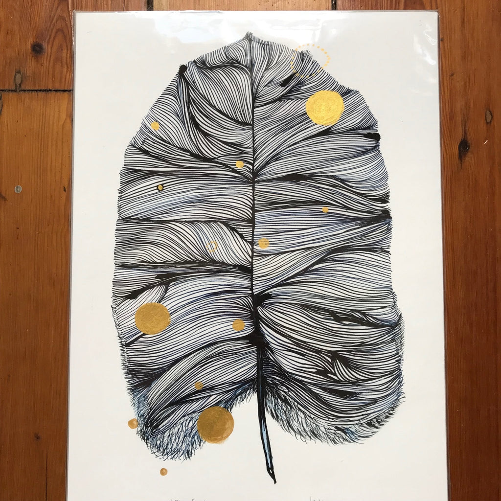 'Blue Feather' with handpainted gold detail Print by Katherine Wheeler - Tribe Castlemaine