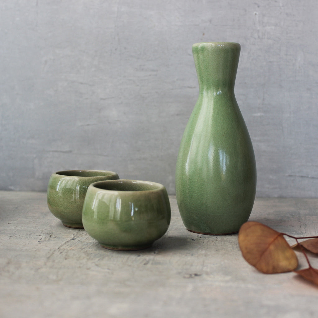 Celadon Sake Bottle & Cups - Tribe Castlemaine