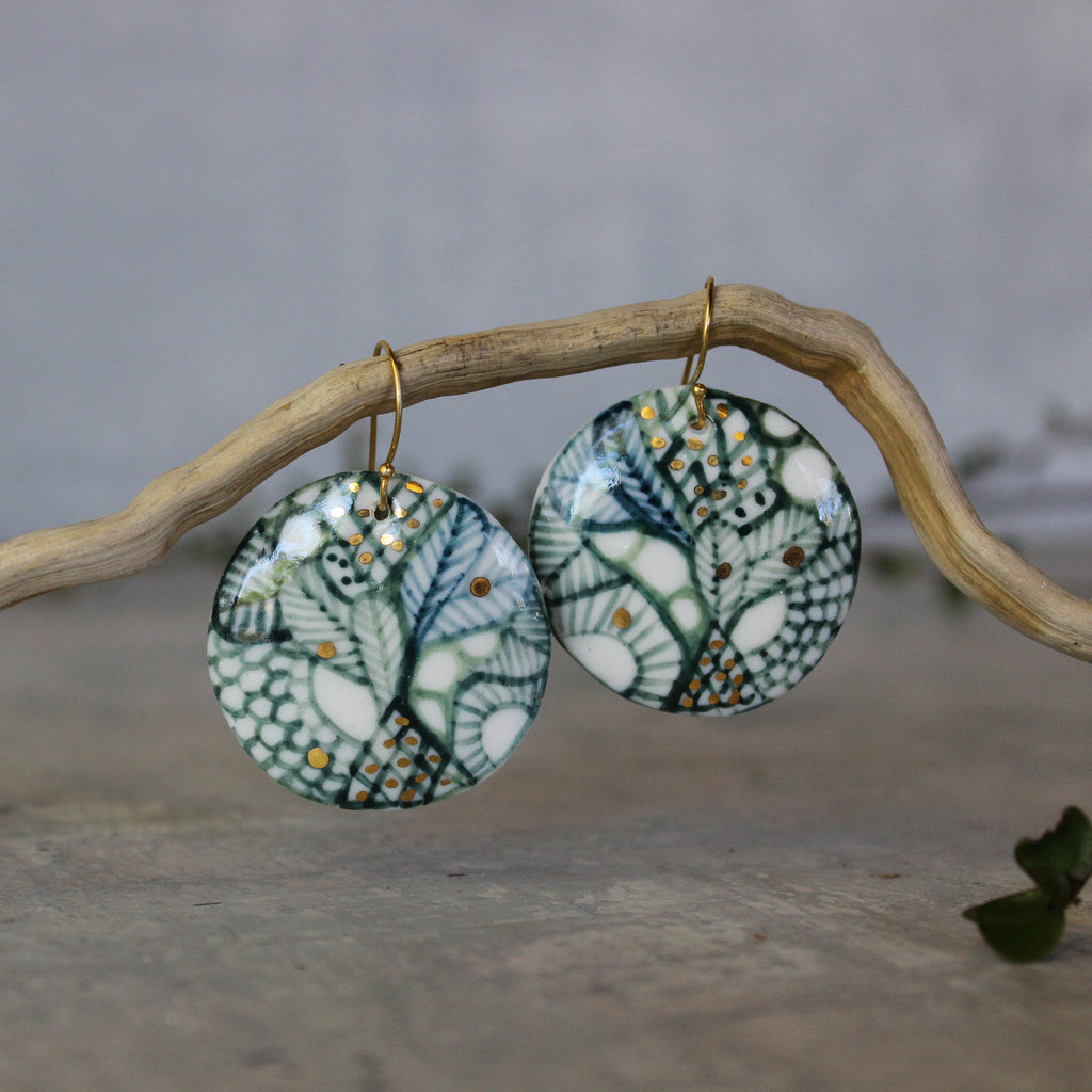 Ceramic Earrings Green Round - Tribe Castlemaine