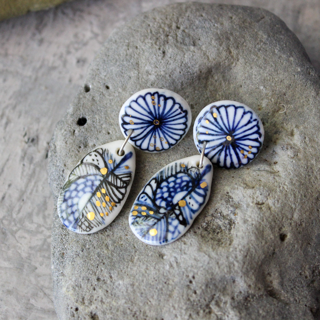 Ceramic Earrings Indigo Double Studs - Tribe Castlemaine