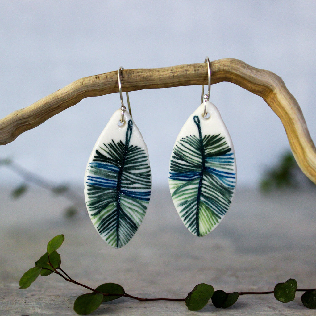 Ceramic Earrings Indigo Feather #3 - Tribe Castlemaine