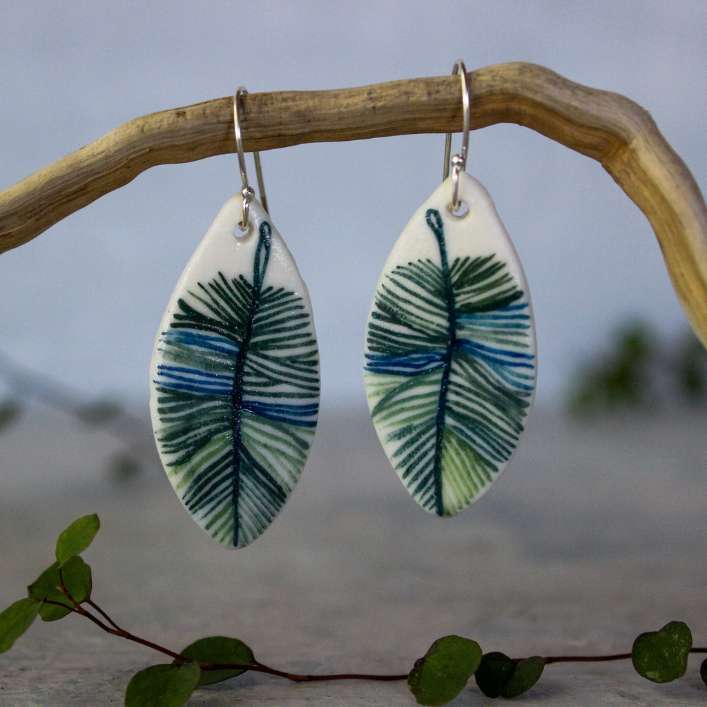 Ceramic Earrings Indigo Feather #3 - Tribe Castlemaine
