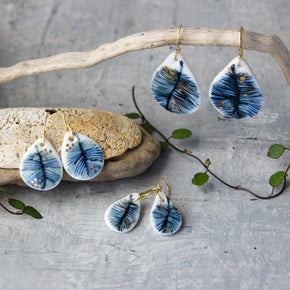 Ceramic Earrings Indigo Feather Teardrop - Tribe Castlemaine