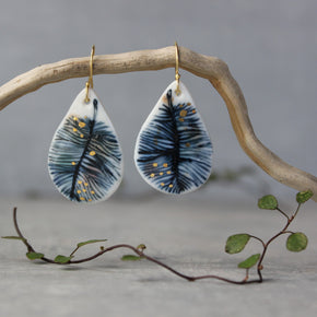 Ceramic Earrings Indigo Feather Teardrop - Tribe Castlemaine