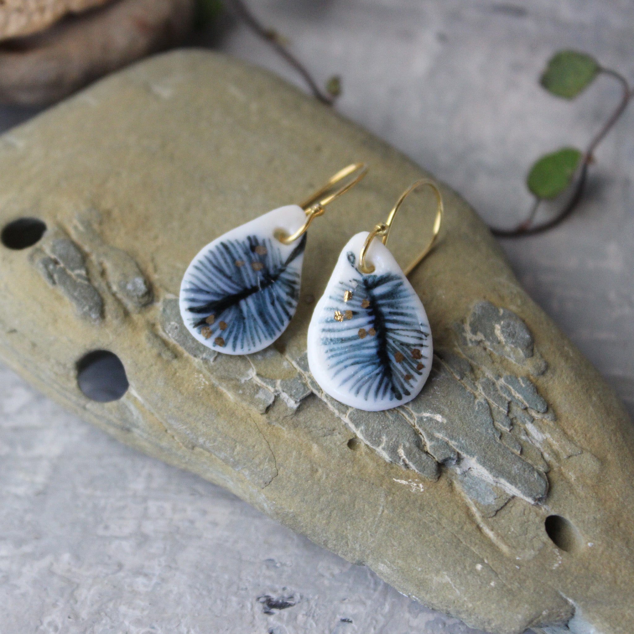 Ceramic Earrings Indigo Feather Teardrop - Tribe Castlemaine