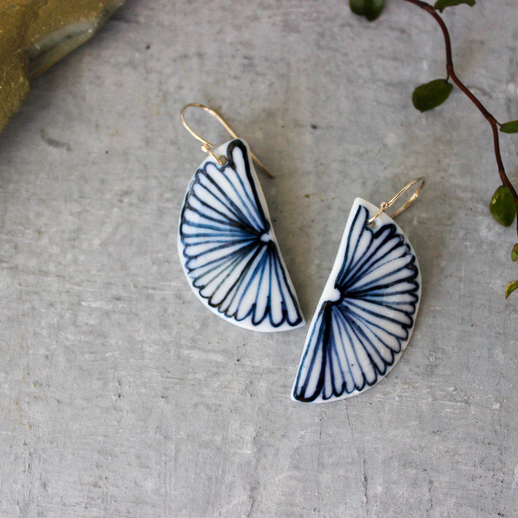 Ceramic Earrings Indigo Flower Half Moon - Tribe Castlemaine