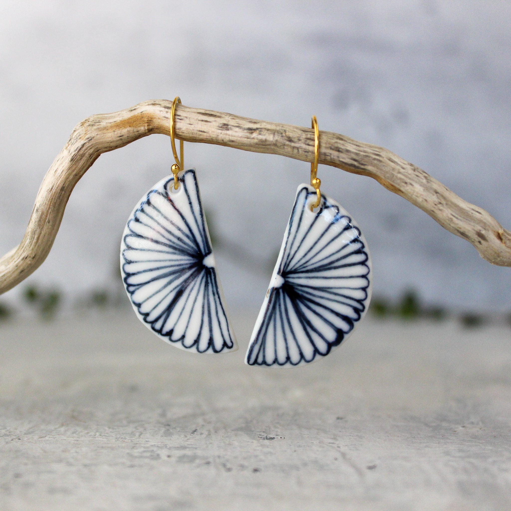 Ceramic Earrings Indigo Flower Half Moon - Tribe Castlemaine