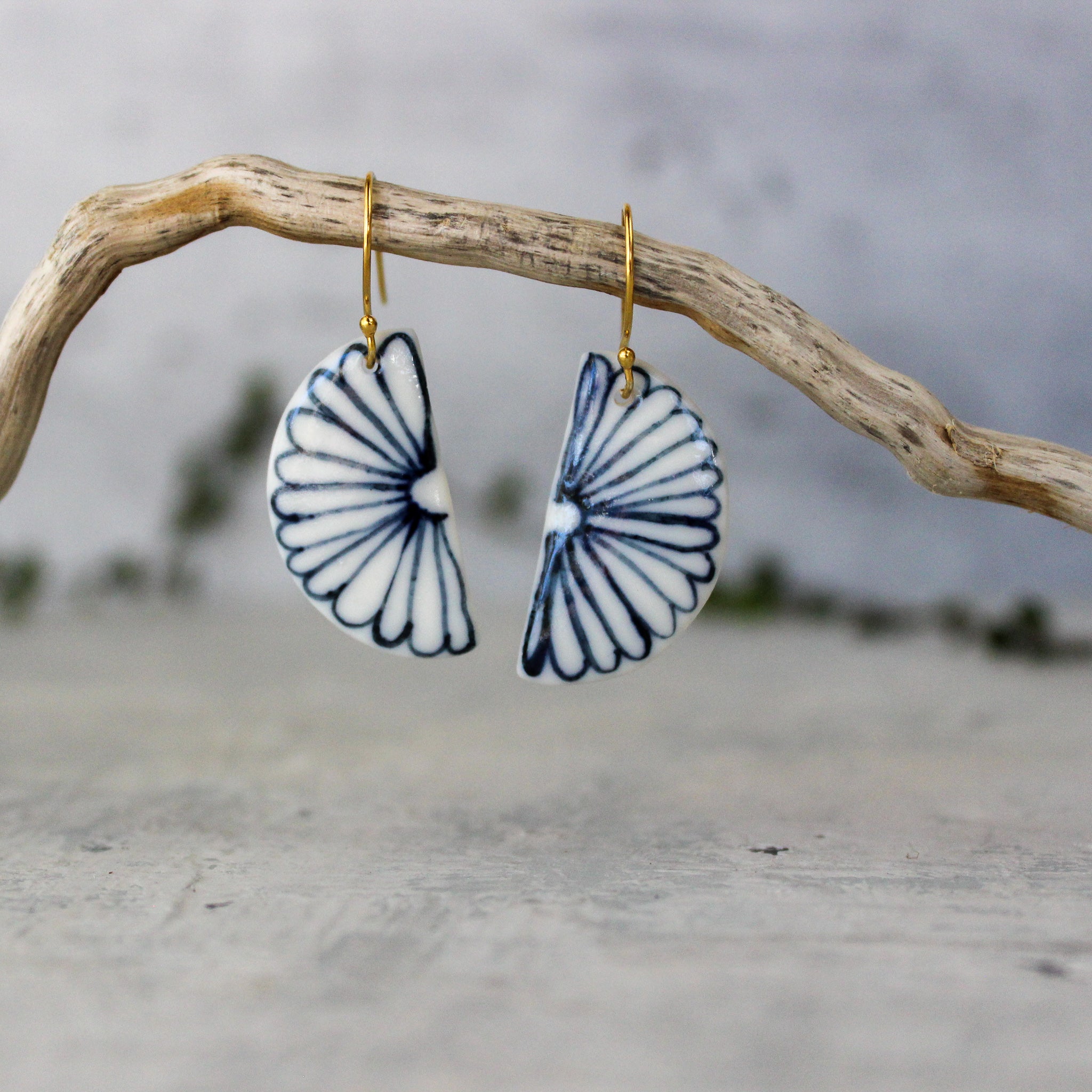 Ceramic Earrings Indigo Flower Half Moon - Tribe Castlemaine