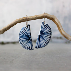 Ceramic Earrings Indigo Flower Half Moon - Tribe Castlemaine