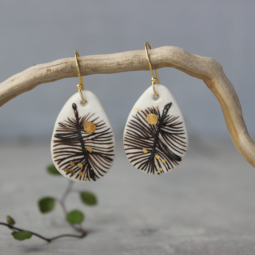 Ceramic Earrings Sepia Feather Teardrop - Tribe Castlemaine