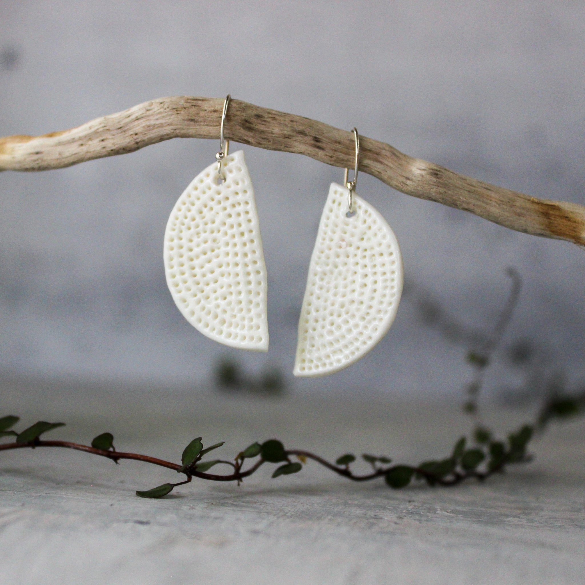Ceramic Earrings White Coral Half Moon - Tribe Castlemaine