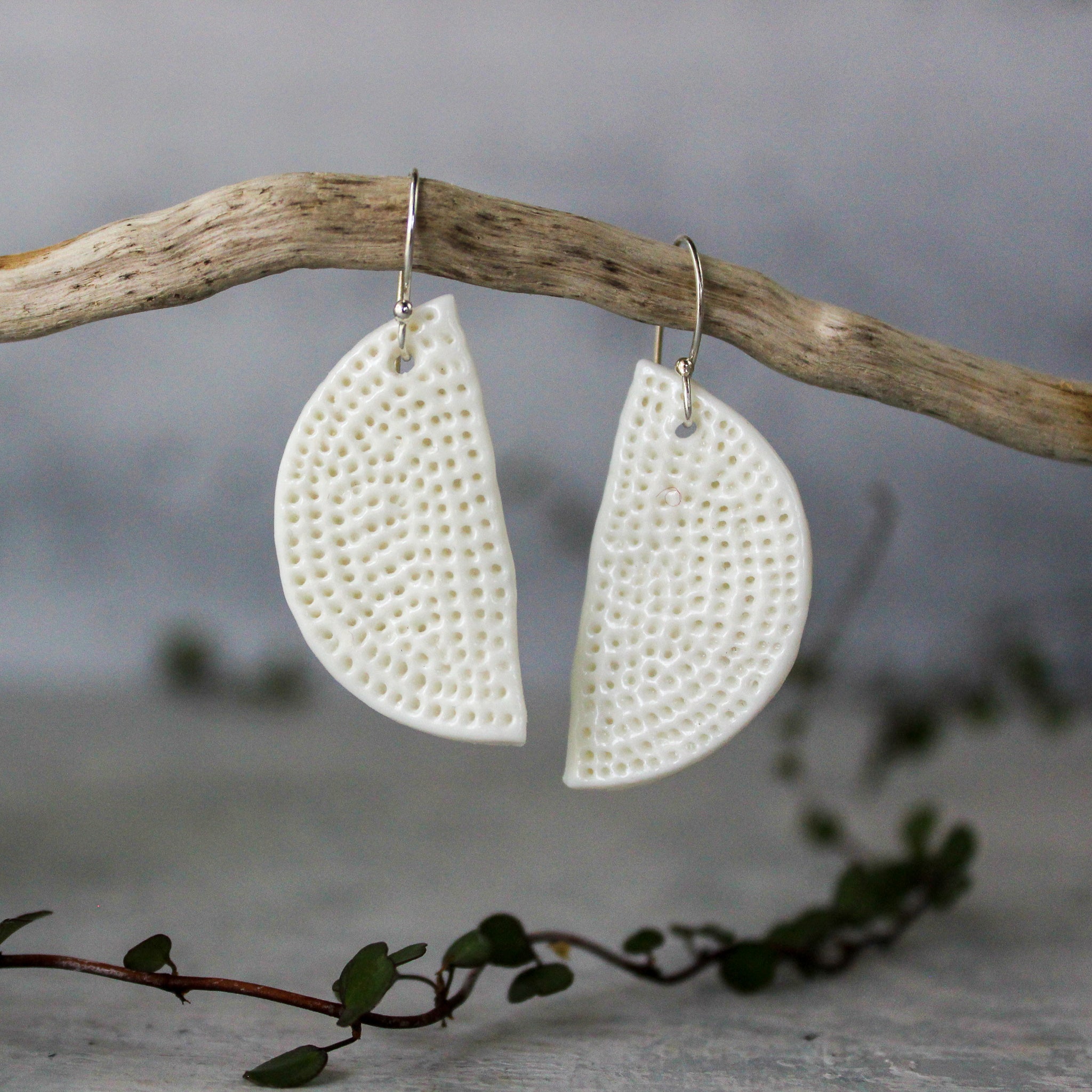 Ceramic Earrings White Coral Half Moon - Tribe Castlemaine